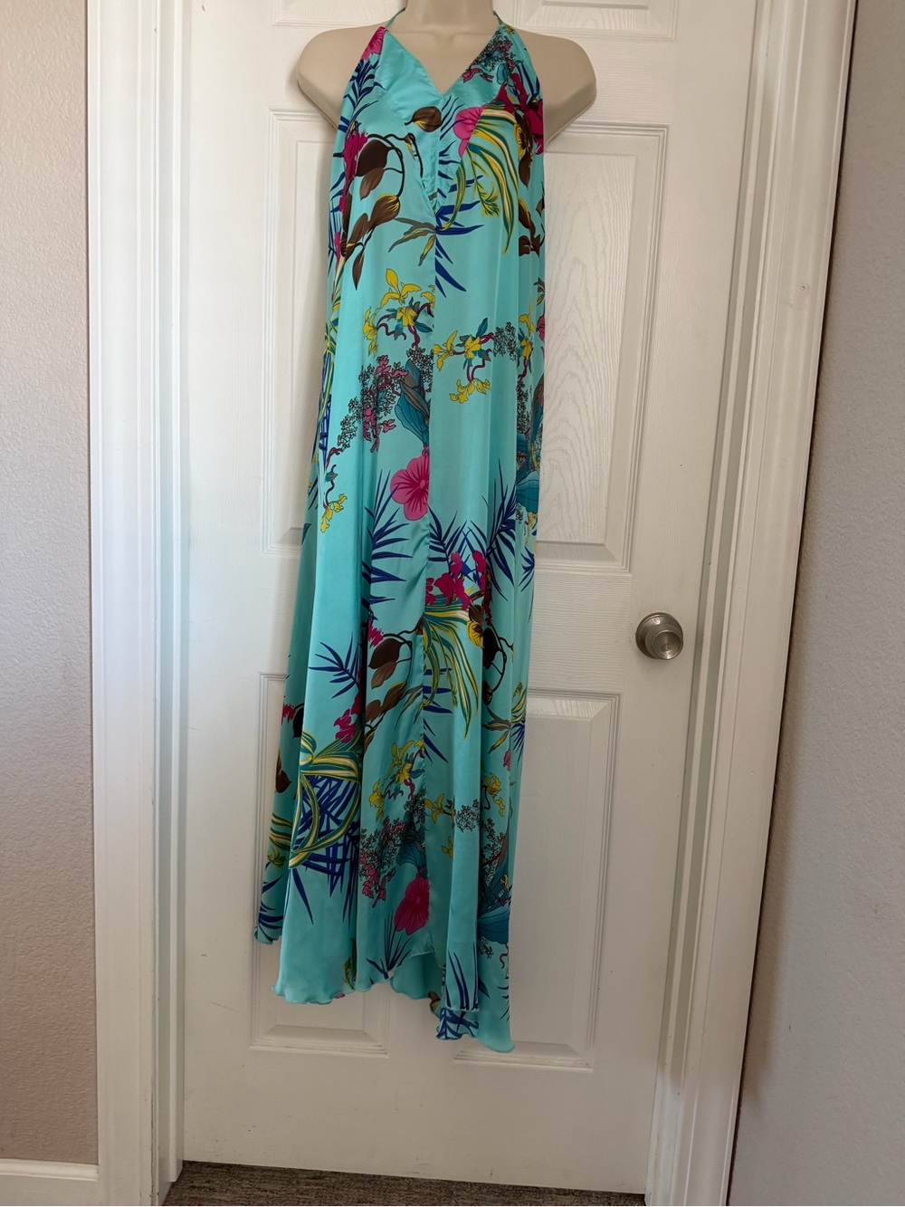 The Vanity Room Aqua Tropical Floral Maxi Halter Dress